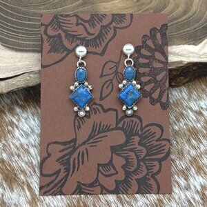 1990s SOUTHWEST STYLE Sterling Silver & Denim Lapis Post Dangle Earrings Signed